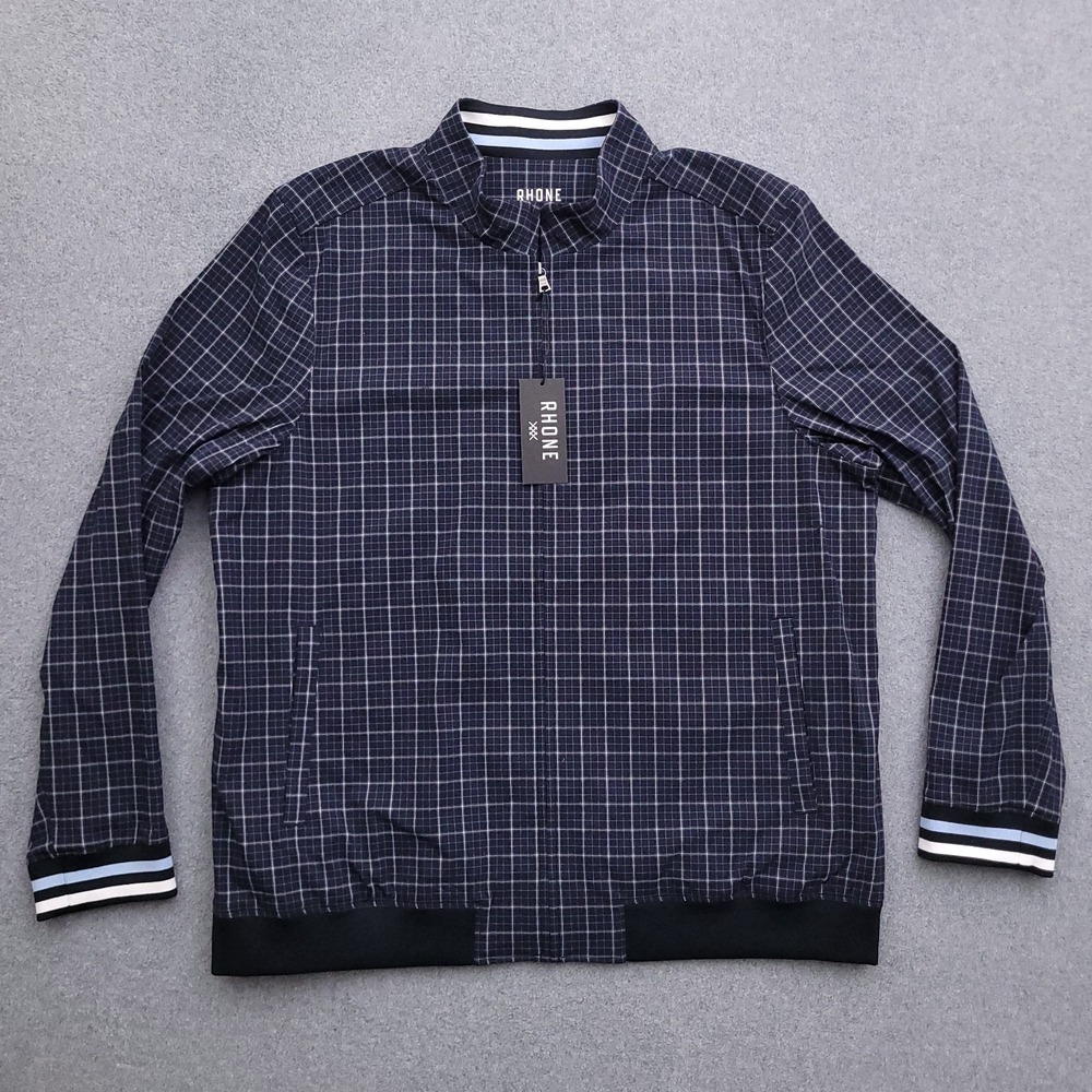 Rhone Jacket Mens 2XL Dune Golf Performance Full Zip Relaxed Fit Navy Plaid NWT